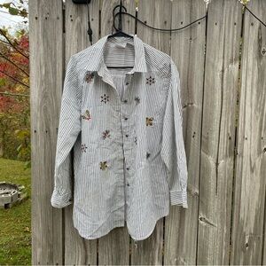 Vintage KORET Green Striped Buttoned Down Blouse with Christmas Accents 16/XL